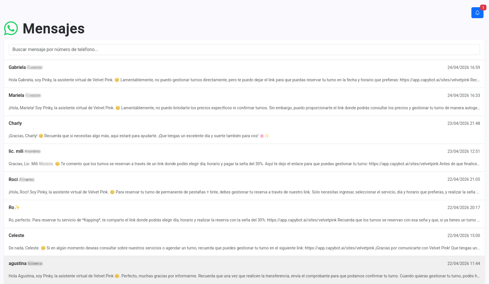 Panel Capybot: mensajes y conversaciones
