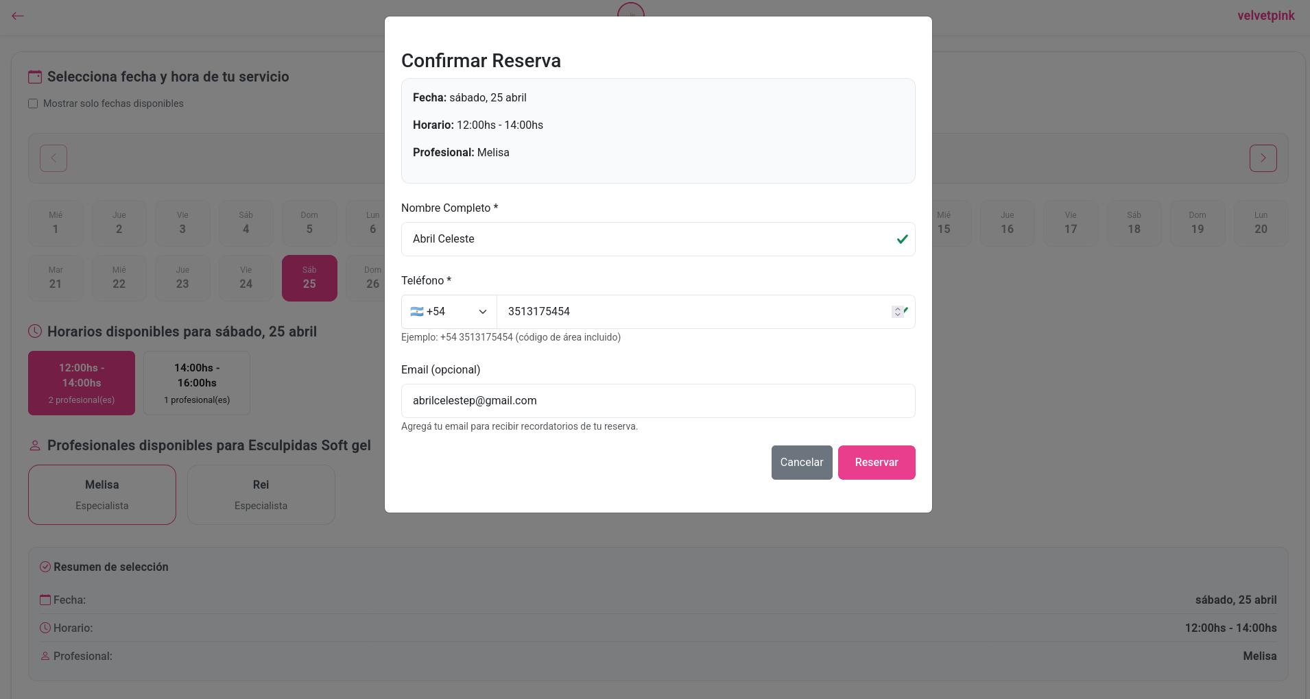 Sitio de reservas para clientes